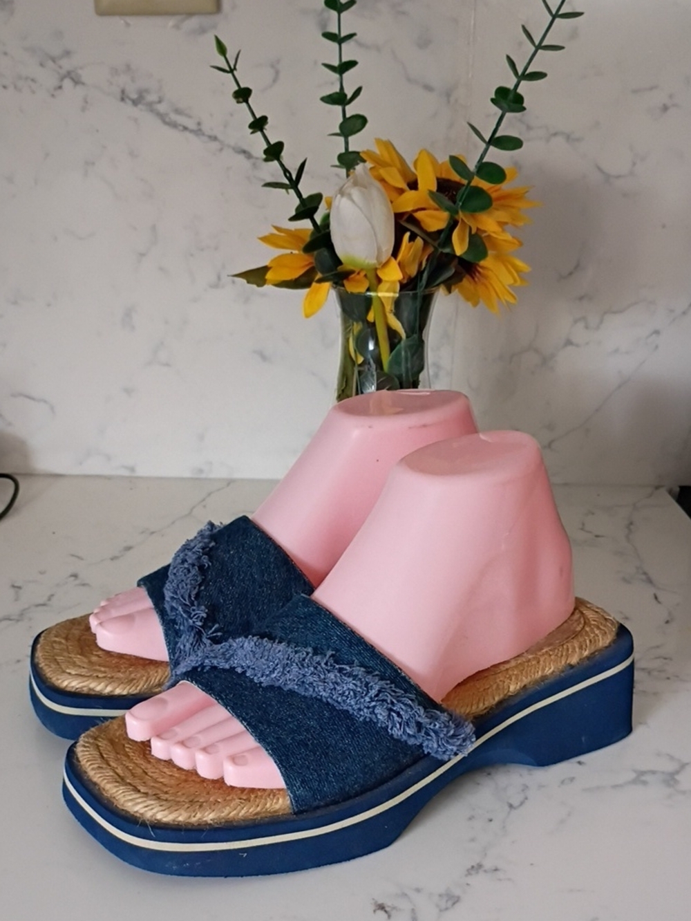 Reflexions Denim Slide Platform Sandals in Navy Blue